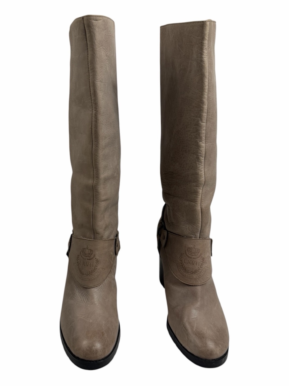 Lauren Ralph Lauren Delsa Taupe Gray Burnished Leather Riding Boots Size 8,5 - Picture 3 of 14